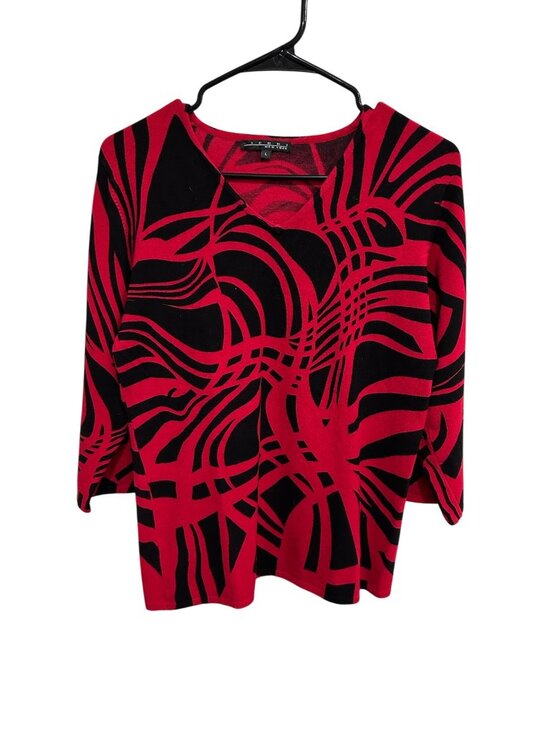Pierri New York V Neck 3/4 Sleeve Top Red Black Sz Large Abstract Print Knit - Picture 1 of 10